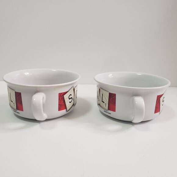Scrabble Soup Bowl Set Of Two White Ceramic 2005 Hasbro Handles Mug Cup - Picture 6 of 8